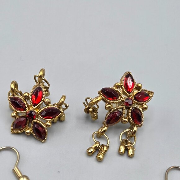 Gold Tone Red Stone Dangle Earrings Bundle Thai Balinese Boho - Picture 4 of 8